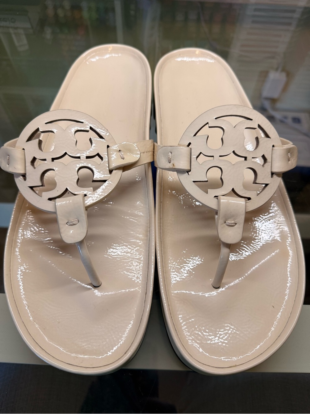 Women’s Beige Tory Burch Miller Patent Thong Sandals with 2” Platform Sole
